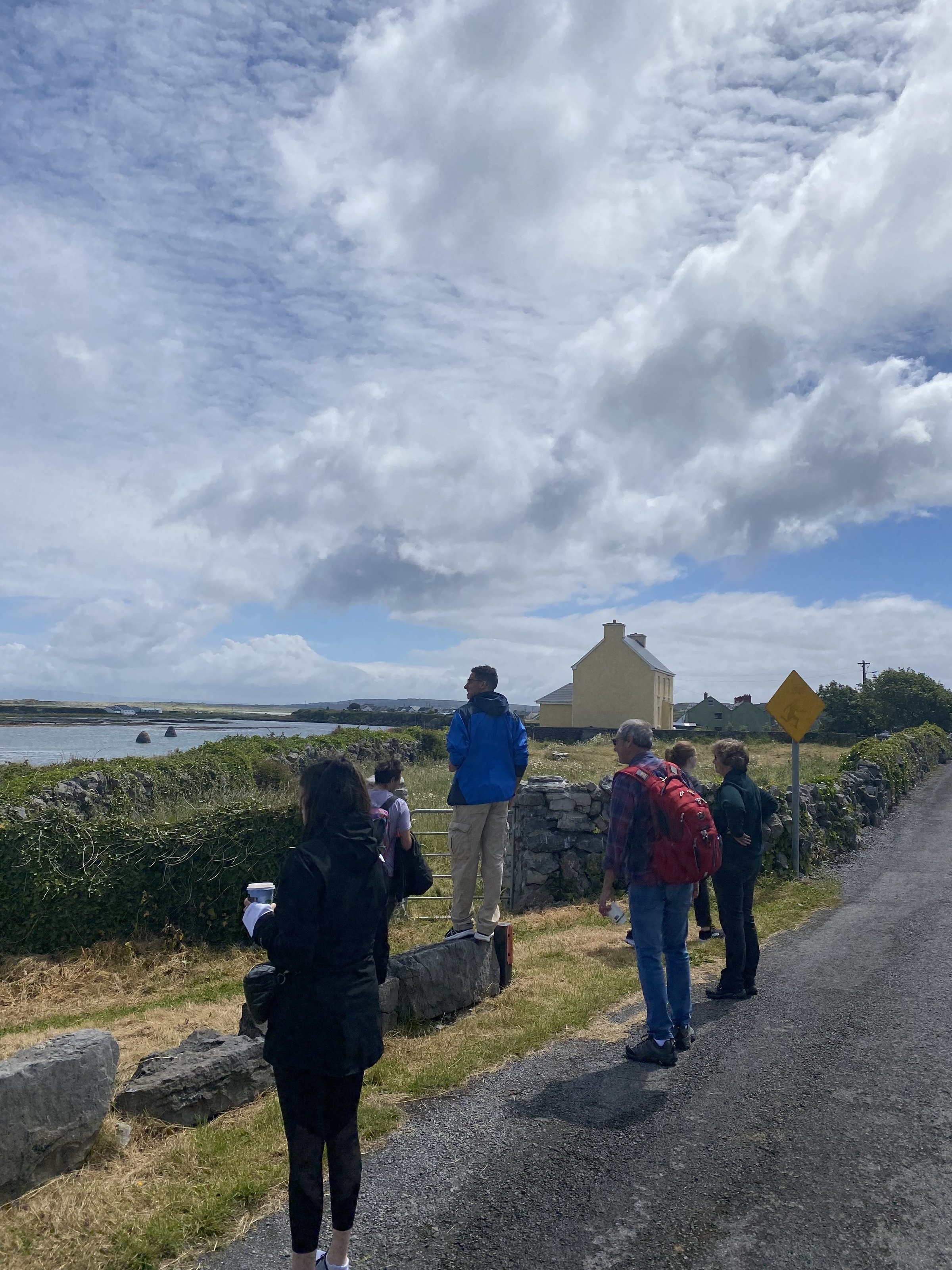 Travelers stand on a coastal road beside a stone wall, looking out at water and a yellow house.
